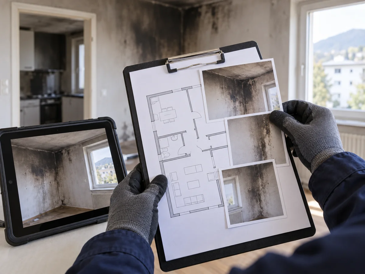 Grundriss und Schadenfotos zur Dokumentation eines Brandschadens